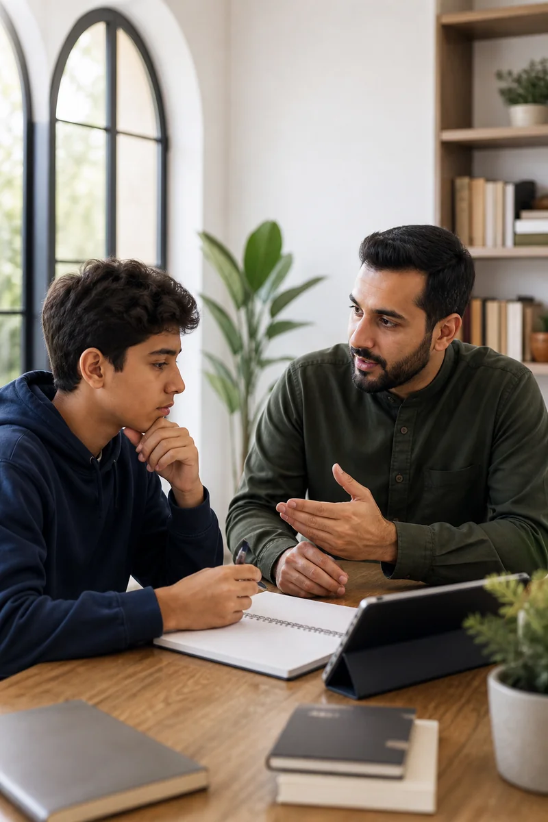 A lead educator listening to and guiding a student