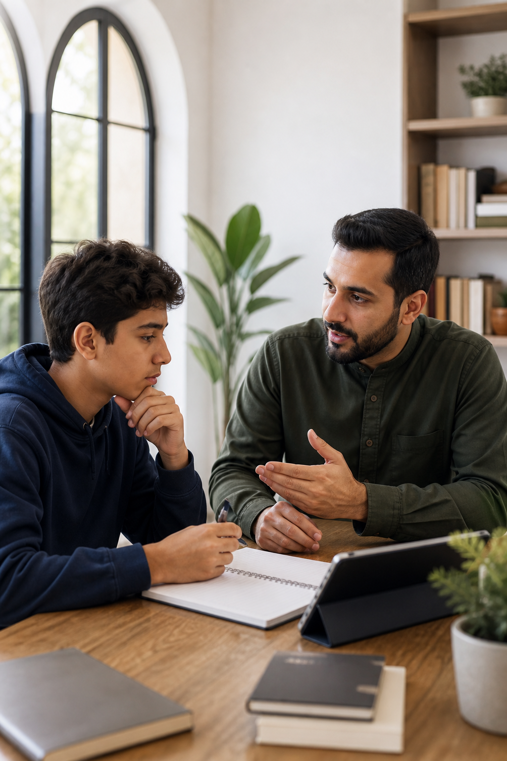 A mentor listening to and guiding a student