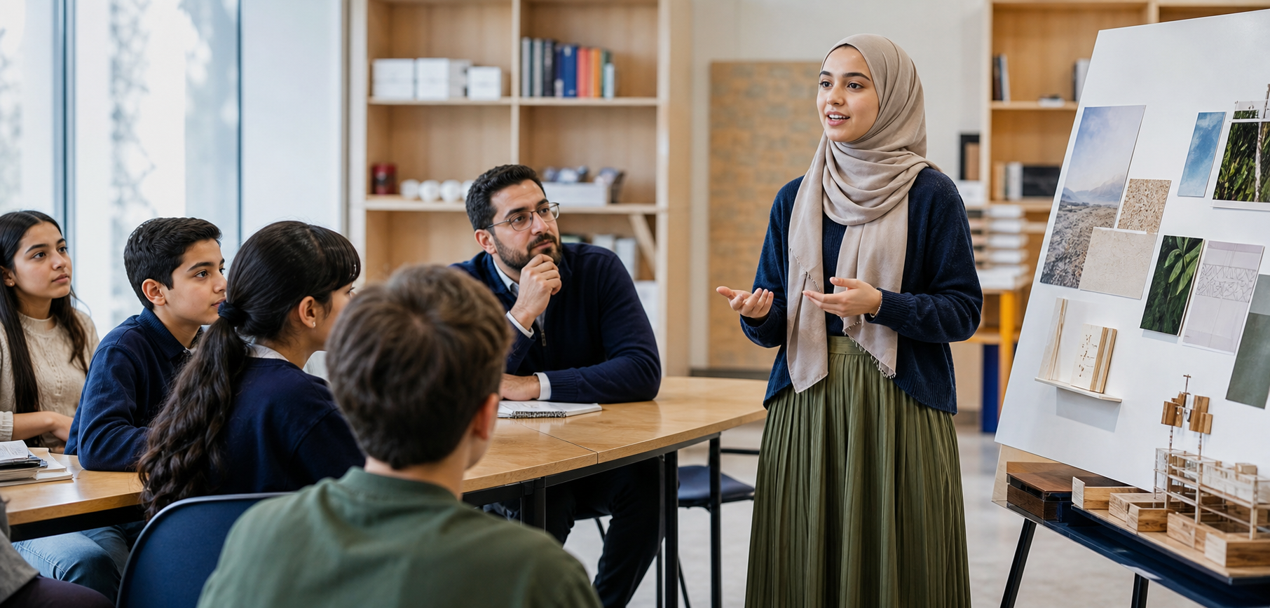 A student wearing a hijab presenting her project to classmates and a mentor