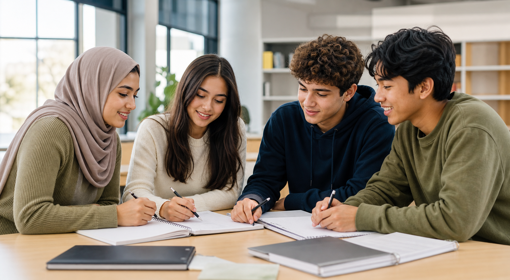 Four students, including a girl wearing a hijab, collaborating around a table